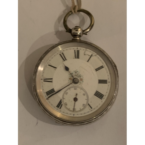 601 - A MARKED 800 SILVER POCKET WATCH WITH DECORATIVE WHITE ENAMAL FACE, SUB DIAL AND ROMAN NUMERALS