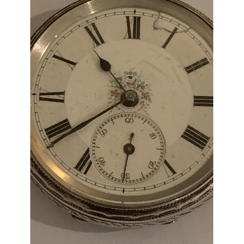 601 - A MARKED 800 SILVER POCKET WATCH WITH DECORATIVE WHITE ENAMAL FACE, SUB DIAL AND ROMAN NUMERALS