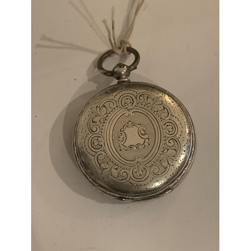 601 - A MARKED 800 SILVER POCKET WATCH WITH DECORATIVE WHITE ENAMAL FACE, SUB DIAL AND ROMAN NUMERALS