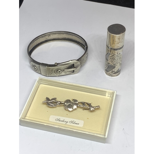 602 - THREE SILVER ITEMS TO INCLUDE A BANGLE, PERFUME BOTTLE AND A BOXED BROOCH