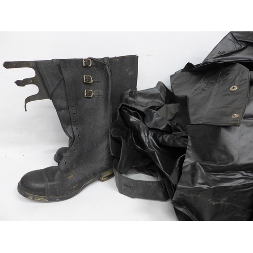 273A - A PAIR OF BRITISH ARMY BOOTS, SIZE 8M, A CAPE, QUANTITY OF WATERPROOF CLOTHING, BROWN COATS ETC