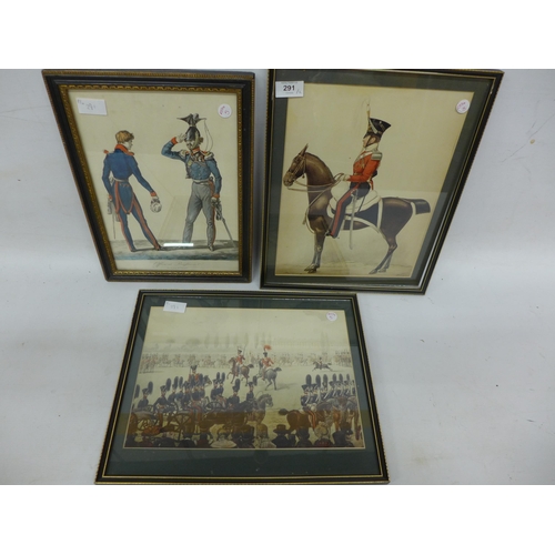 291 - THREE COLOURED PRINTS OF 19TH CENTURY MILITARY SCENES, FRAMED AND GLAZED