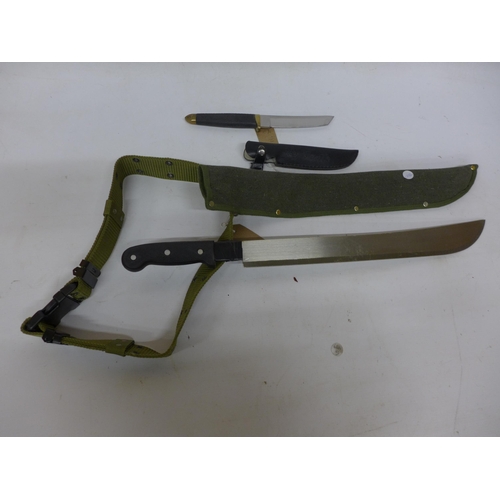 293 - A 20TH CENTURY MACHETE AND SCABBARD, 46CM BLADE, FURTHER KNIFE AND SCABBARD, 15CM BLADE