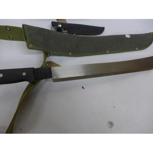 293 - A 20TH CENTURY MACHETE AND SCABBARD, 46CM BLADE, FURTHER KNIFE AND SCABBARD, 15CM BLADE