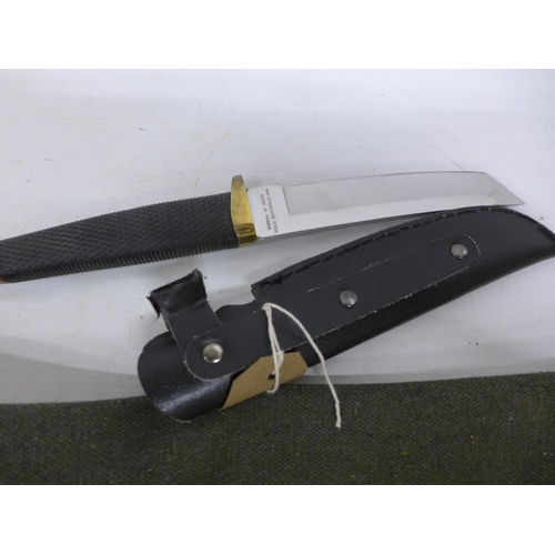 293 - A 20TH CENTURY MACHETE AND SCABBARD, 46CM BLADE, FURTHER KNIFE AND SCABBARD, 15CM BLADE