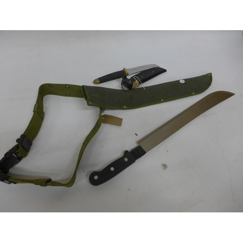 293 - A 20TH CENTURY MACHETE AND SCABBARD, 46CM BLADE, FURTHER KNIFE AND SCABBARD, 15CM BLADE