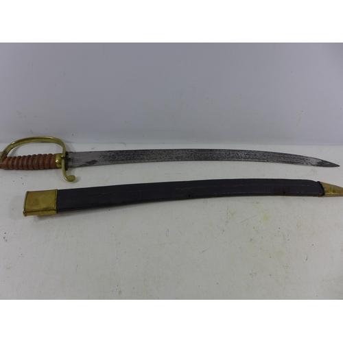 450 - A 19TH CENTURY POLICE OFFICERS SWORD AND SCABBARD, 60CM BLADE, LENGTH 76CM