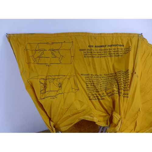 455 - A RARE RAF LAUNCHING BOX KITE IN ITS ORIGINAL YELLOW PAINTED MILITARY TIN, LENGTH 55CM