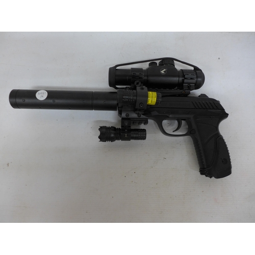 463 - A GAMO PT-85 BLOWBACK .177 CALIBRE CO2 PISTOL, 25CM BARREL WITH TELESCOPIC SIGHTS AND TORCH, LASER, ... 