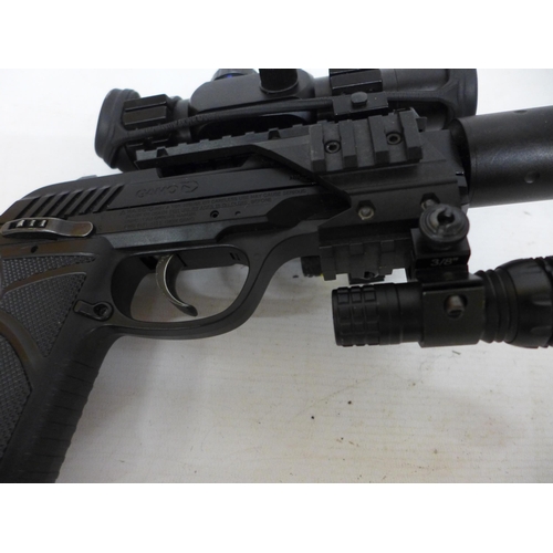 463 - A GAMO PT-85 BLOWBACK .177 CALIBRE CO2 PISTOL, 25CM BARREL WITH TELESCOPIC SIGHTS AND TORCH, LASER, ... 