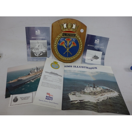 464 - A HMS ILLUSTRIOUS PLAQUE, SMALL POSTER, PHOTO ETC