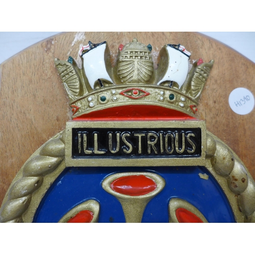 464 - A HMS ILLUSTRIOUS PLAQUE, SMALL POSTER, PHOTO ETC