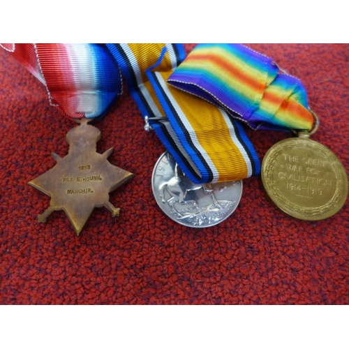 474 - A WORLD WAR I TRIO AWARDED TO 1213 PRIVATE E. HOUGH MANCHESTER REGIMENT