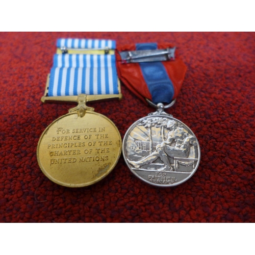 479 - A UNITED NATIONS KOREAN WAR MEDAL AND A FAITHFUL SERVICE MEDAL AWARDED TO JOSEPH BIRKLEY FORSTER (2)