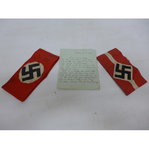 489 - TWO WORLD WAR II NAZI GERMANY ARMBANDS AND A LETTER DATED 1945