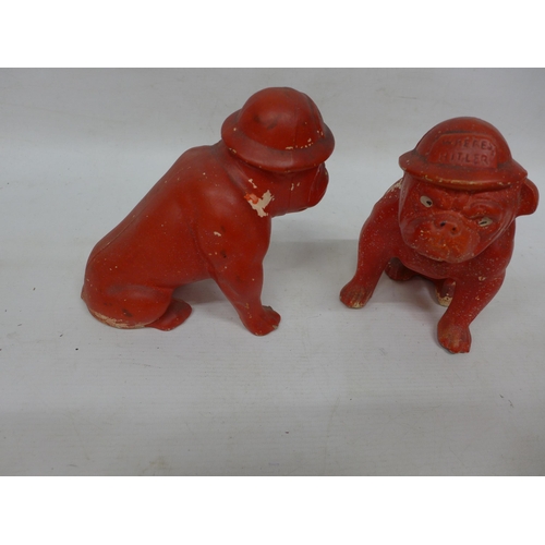 490 - A RARE PAIR OF WORLD WAR II PAINTED POTTERY FIGURES OF BRITISH BULLDOGS WEARING TIN HATS WITH THE WO... 