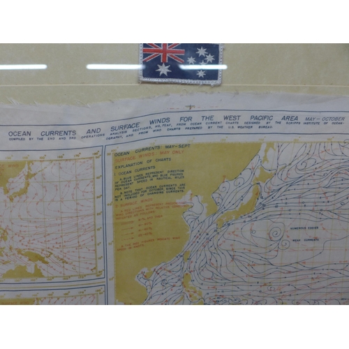 492 - A FRAMED AND GLAZED WORLD WAR II SILK OCEAN CURRENTS AND SURFACE WINDS FOR THE WEST PACIFIC AREA, DA... 