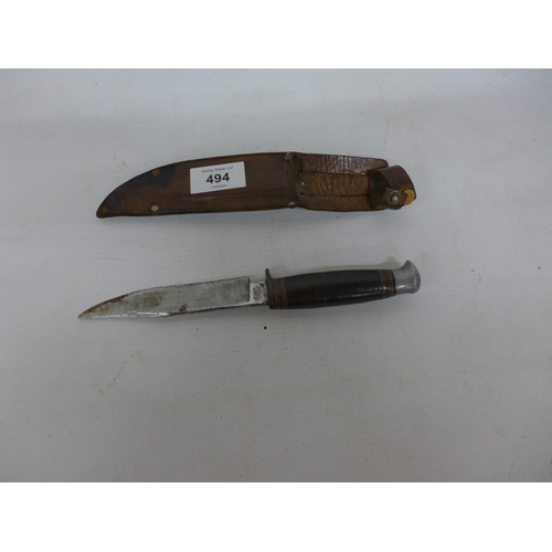 494 - A KNIFE AND SCABBARD, 12.5CM BLADE STAMPED WILLIAM RODGERS