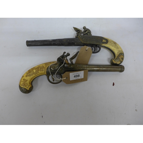 498 - TWO NON FIRING REPLICA FLINTLOCK PISTOLS, 16CM BARRELS