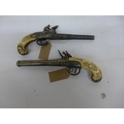 498 - TWO NON FIRING REPLICA FLINTLOCK PISTOLS, 16CM BARRELS