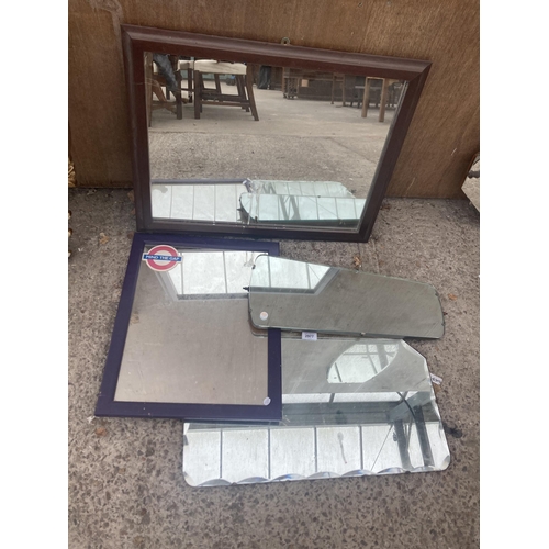 2977 - AN UNFRAMED WALL MIRROR, DRESSING TABLE MIRROR AND TWO OTHER MIRRORS