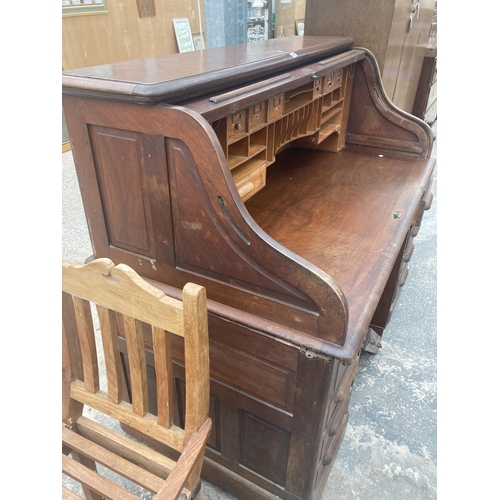 3003 - AN EARLY 20TH CENTURY TWIN-PEDESTAL MAHOGANY ROLL-TOP DESK ENCLOSING EIGHT DRAWERS AND TWO SLIDES, 6... 