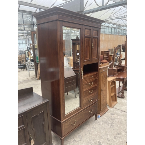 3008 - AN EDWARDIAN MAHOGANY AND INLAID MIRROR-DOOR WARDROBE ENCLOSING CUPBOARDS AND DRAWERS, 47