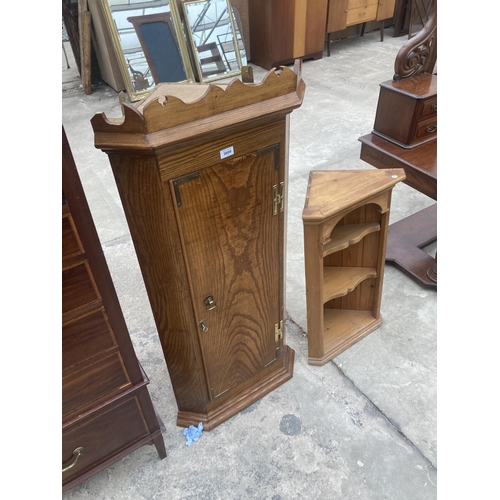 3009 - A PINE CORNER SHELF AND CORNER CUPBOARD WITH H.BRASS HINGES