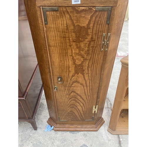 3009 - A PINE CORNER SHELF AND CORNER CUPBOARD WITH H.BRASS HINGES