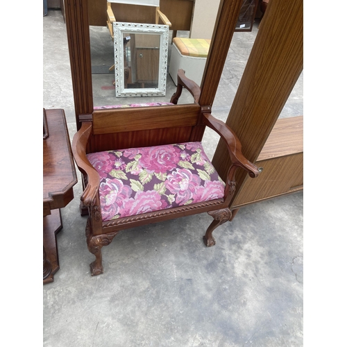 3011 - A REPRODUCTION MAHOGANY ELBOW CHAIR WITH TALL MIRROR=BACK ON FRONT CABRIOLE LEGS WITH BALL AND CLAW ... 