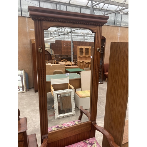 3011 - A REPRODUCTION MAHOGANY ELBOW CHAIR WITH TALL MIRROR=BACK ON FRONT CABRIOLE LEGS WITH BALL AND CLAW ... 