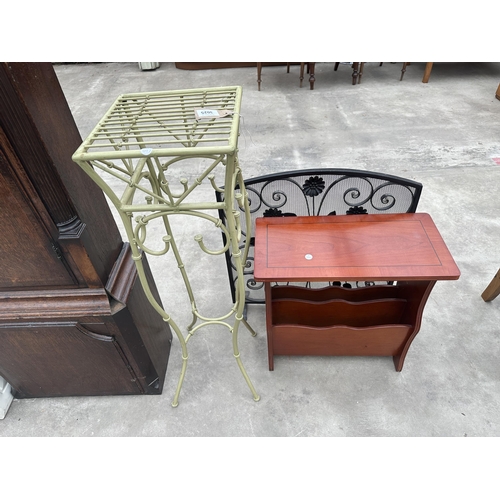 3025 - A METALWARE JARDINIER STAND, WROUGHT IRON FIRESCREEN AND A MAGAZINE RACK/TABLE