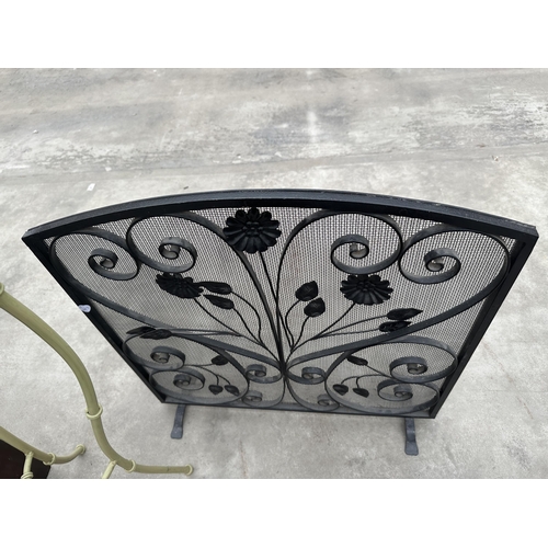 3025 - A METALWARE JARDINIER STAND, WROUGHT IRON FIRESCREEN AND A MAGAZINE RACK/TABLE