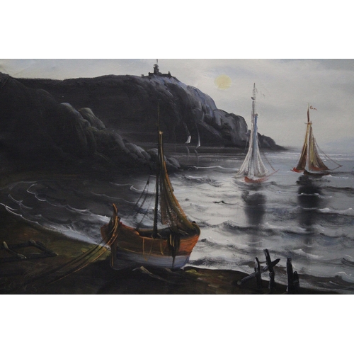 165A - A OIL ON CANVAS OF A COASTAL SCENE TO INCLUDE THREE SAIL BOATS AND LIGHT HOUSE -  INDISTINCT SIGNATU... 