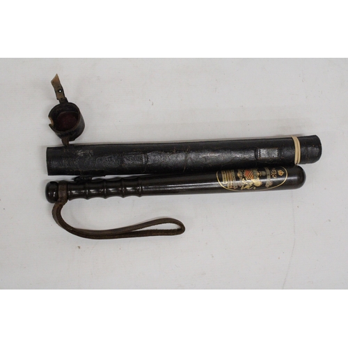 301A - A MANCHESTER POLICE SPECIAL CONSTABLE TRUNCHEON  1914 - 1919 WILLIAM JOHNSON - WITH LEATHER HOLSTER