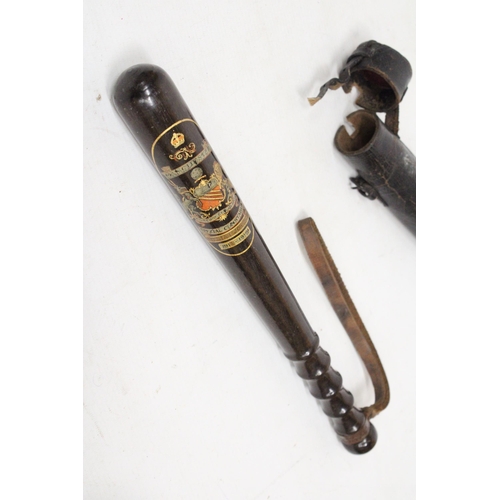 301A - A MANCHESTER POLICE SPECIAL CONSTABLE TRUNCHEON  1914 - 1919 WILLIAM JOHNSON - WITH LEATHER HOLSTER