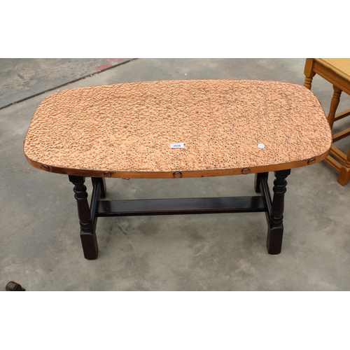 3036 - A COFFEE TABLE WITH COPPER TOP ON TURNED LEGS, 35.5