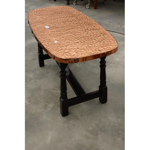 3036 - A COFFEE TABLE WITH COPPER TOP ON TURNED LEGS, 35.5