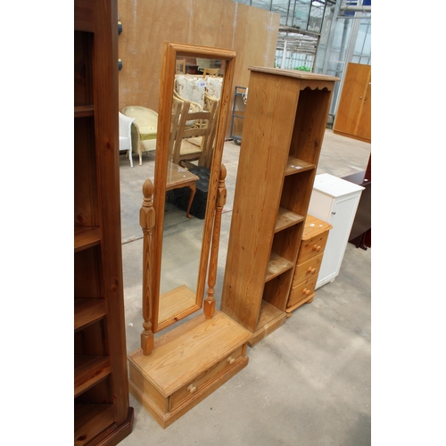 3039 - A PINE CHEVAL MIRROR WITH DRAWERS TO BASE