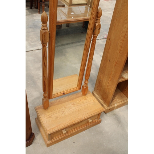 3039 - A PINE CHEVAL MIRROR WITH DRAWERS TO BASE