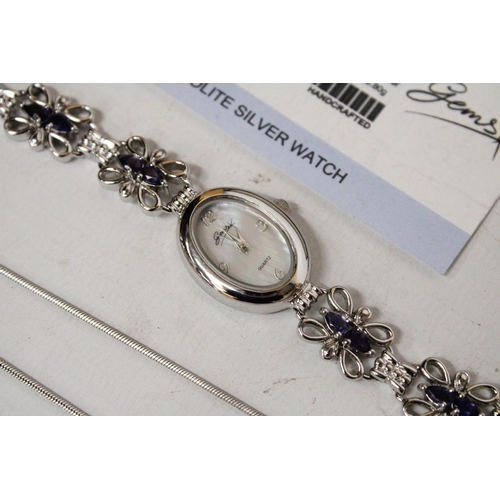 607 - THREE MARKED SILVER ITEMS TO INCLUDE A GEMS IOLITE SILVER WATCH WITH COA, A SILVER NECKLACE WITH HEA... 