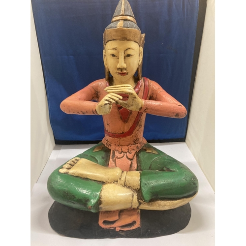 73 - A LARGE WOODEN SCULPTURE OF PRINCE PHRA APHAI MANI. MISSING HIS MAGIC FLUTE, HEIGHT 40CM