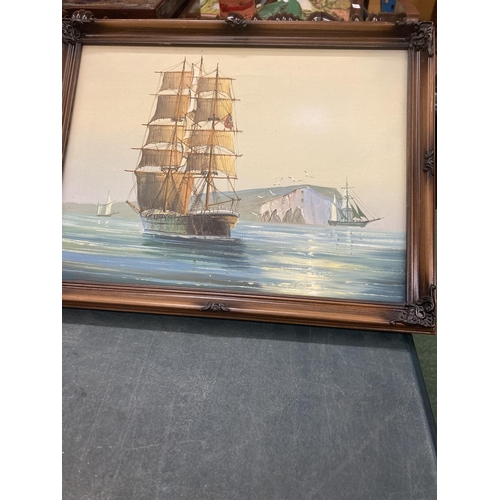 75 - AN OIL ON CANVAS OF A SAILING SHIP, SIGNED TO THE LOWER LEFT, FRAMED, 46CM X 35CM