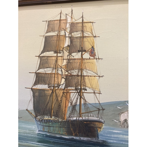 75 - AN OIL ON CANVAS OF A SAILING SHIP, SIGNED TO THE LOWER LEFT, FRAMED, 46CM X 35CM