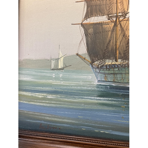 75 - AN OIL ON CANVAS OF A SAILING SHIP, SIGNED TO THE LOWER LEFT, FRAMED, 46CM X 35CM