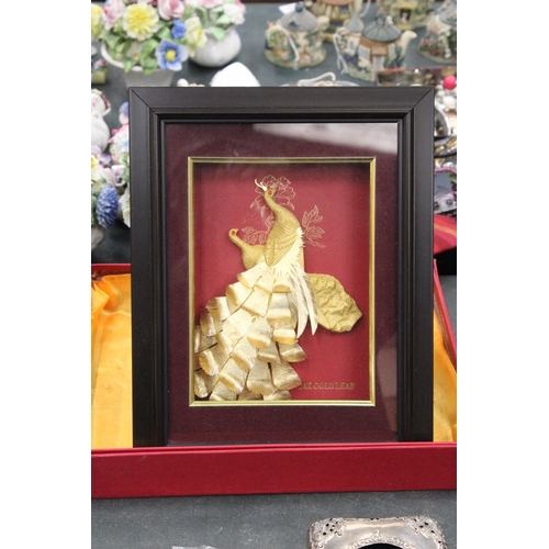 92 - A SHEMON JEWELS, 24 KT GOLD FOIL PEACOCK, FRAMED