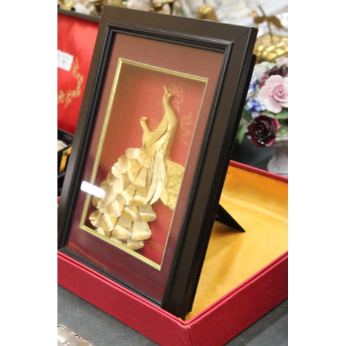 92 - A SHEMON JEWELS, 24 KT GOLD FOIL PEACOCK, FRAMED