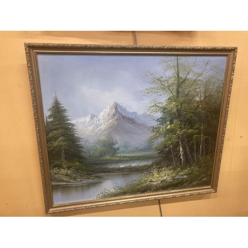 94 - TWO OIL PAINTINGS TO INCLUDE A GILT FRAMED OIL ON BOARD OF A MOUNTAINOUS, WOODLAND, LAKE SCENE SIGNE... 