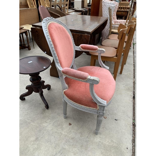 3045 - A FRENCH STYLE OVAL BACK PAINTED OPEN ARMCHAIR ON TURNED AND FLUTED LEGS