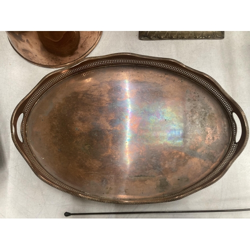 42 - A LATE VICTORIAN LARGE OVAL COPPER TRAY WITH GARDROONED RIM AND BUN FEET 52 X 34 CM